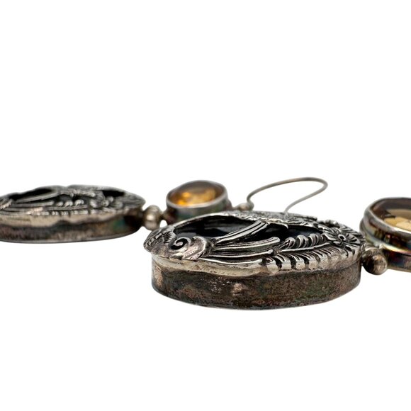 Citrine Mop Shell Sterling Silver Bird Floral Earrings Gemstone Drops 18 Grams - Picture 11 of 11